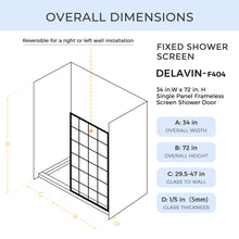 Load image into Gallery viewer, DELAVIN 34" W x 72" H Framed Shower Glass Panel, Shower Screen, Glass Shower Wall, 1/5" (5mm) SGCC Tempered Glass Shower Panel with Explosion-Proof Film, Grid Fixed Shower Door, Matte Black Finish