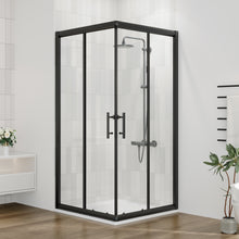 Load image into Gallery viewer, DELAVIN 36.in W x 36.in L x 75.in H Shower Enclosure, SGCC Clear Tempered Double Sliding Shower Door with Explosion-Proof Film, Corner Shower Glass Enclosure In Matte Black (Shower Base Not Included)