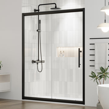 DELAVIN 60.in W x 75.in Semi-Frameles Shower Door with Clear SGCC Tempered Glass and Easy Roller System,Black Sliding Shower Door with Water Seal Strips, Glass Shower Door with Explosion-Proof Film
