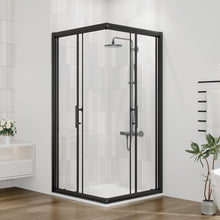 Load image into Gallery viewer, DELAVIN 36.in W x 36.in L x 75.in H Shower Enclosure, SGCC Clear Tempered Double Sliding Shower Door with Explosion-Proof Film, Corner Shower Glass Enclosure In Matte Black (Shower Base Not Included)