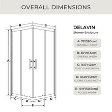 Load image into Gallery viewer, DELAVIN 36.in W x 36.in L x 75.in H Shower Enclosure, SGCC Clear Tempered Double Sliding Shower Door with Explosion-Proof Film, Corner Shower Glass Enclosure In Matte Black (Shower Base Not Included)