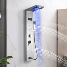 Load image into Gallery viewer, Delavin Stainless Steel Shower Panel Tower System, Wall-Mount Complete Shower Panel with Rainfall Waterfall Shower Head, Massage Body Jets, Tub Spout, Handheld Shower