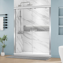 Load image into Gallery viewer, DELAVIN Semi-Frameless Double Sliding Shower Door, Semi-Frameless Shower Glass Door with Towel Bar, SGCC Clear Tempered Bypass Glass Shower Door with Explosion-Proof Film