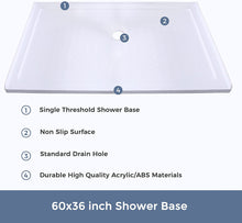 Load image into Gallery viewer, DELAVIN 60 x 36 Inch Single Threshold Shower Base, Slip Resistant, Center Drain Location, Rectangle Acrylic Shower Pan in Glossy White