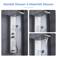 Load image into Gallery viewer, Delavin Stainless Steel Shower Panel Tower System, Wall-Mount Complete Shower Panel with Rainfall Waterfall Shower Head, Massage Body Jets, Tub Spout, Handheld Shower