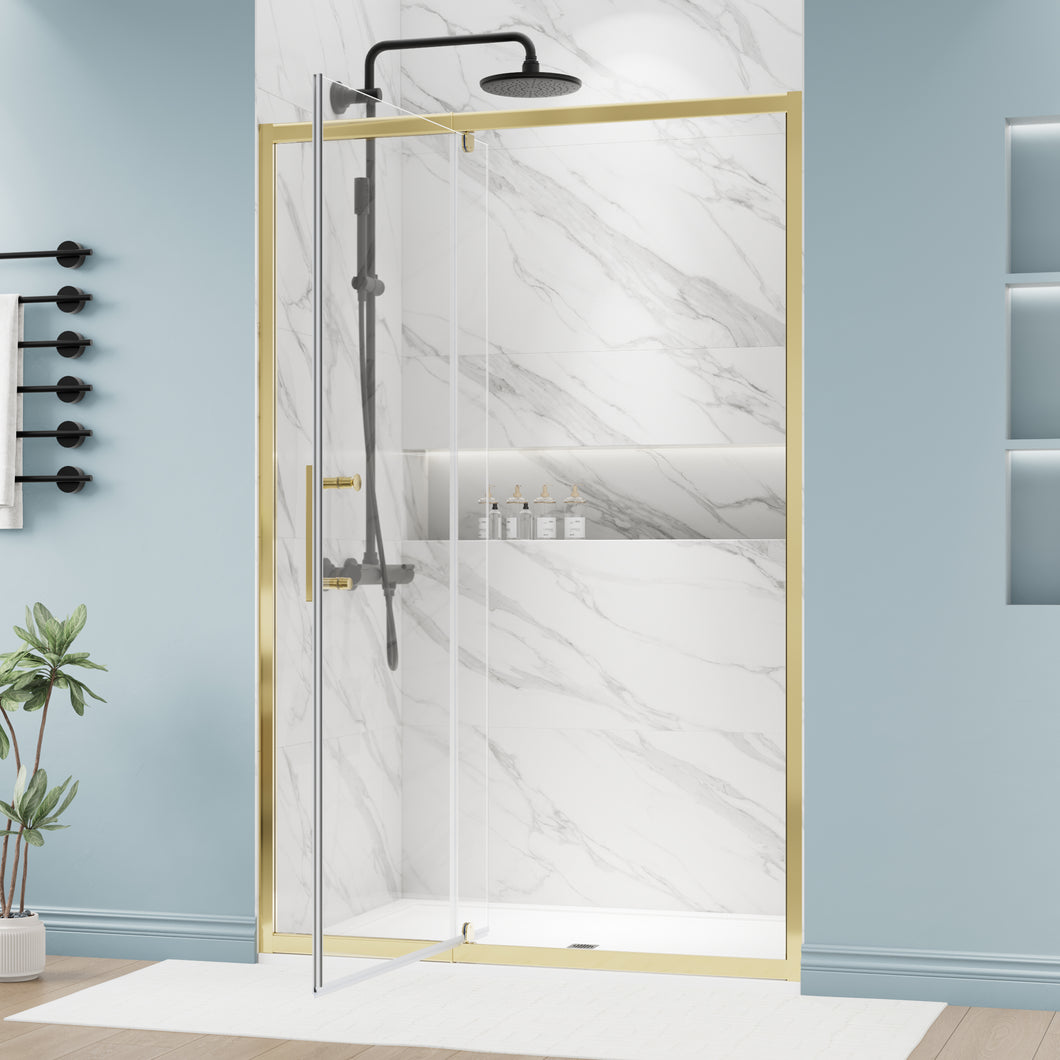 DELAVIN Semi-frameless Pivot Shower Door, Adjustable Swing Glass Shower Door, Water Repellent Shower Door, Black Shower Door With SGCC Clear Tempered Glass, Explosion-Proof Film