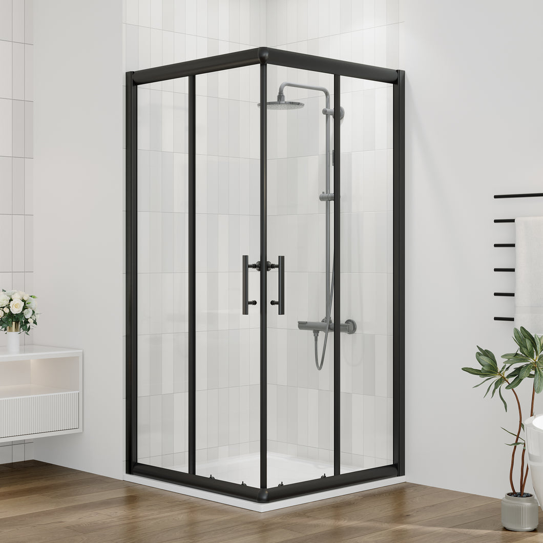 DELAVIN 36.in W x 36.in L x 75.in H Shower Enclosure, SGCC Clear Tempered Double Sliding Shower Door with Explosion-Proof Film, Corner Shower Glass Enclosure In Matte Black (Shower Base Not Included)