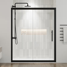 Load image into Gallery viewer, DELAVIN 60.in W x 75.in Semi-Frameles Shower Door with Clear SGCC Tempered Glass and Easy Roller System，Black Sliding Shower Door with Water Seal Strips, Glass Shower Door with Explosion-Proof Film
