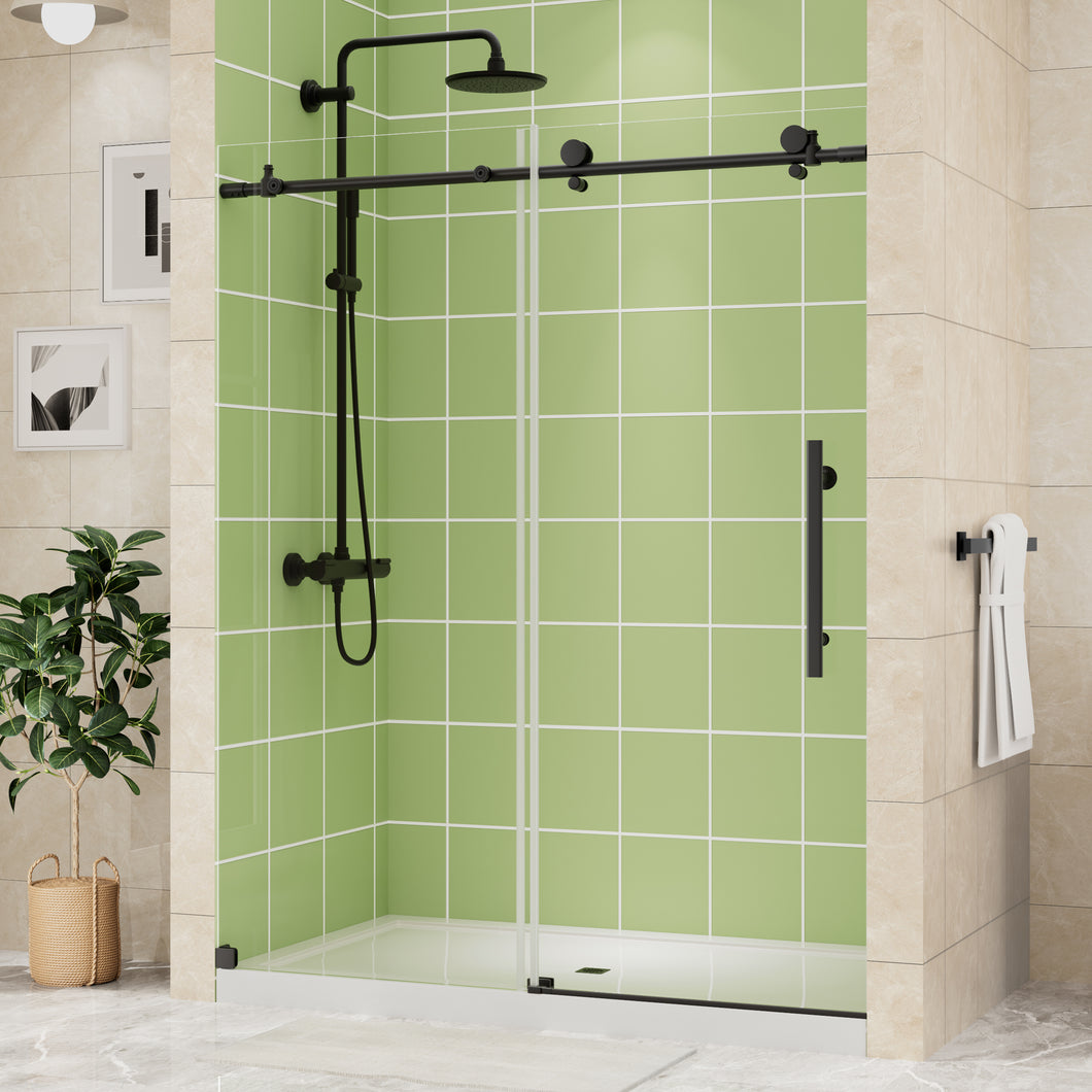 DELAVIN Frameless Shower Door, Black Sliding Shower Door with 1/4