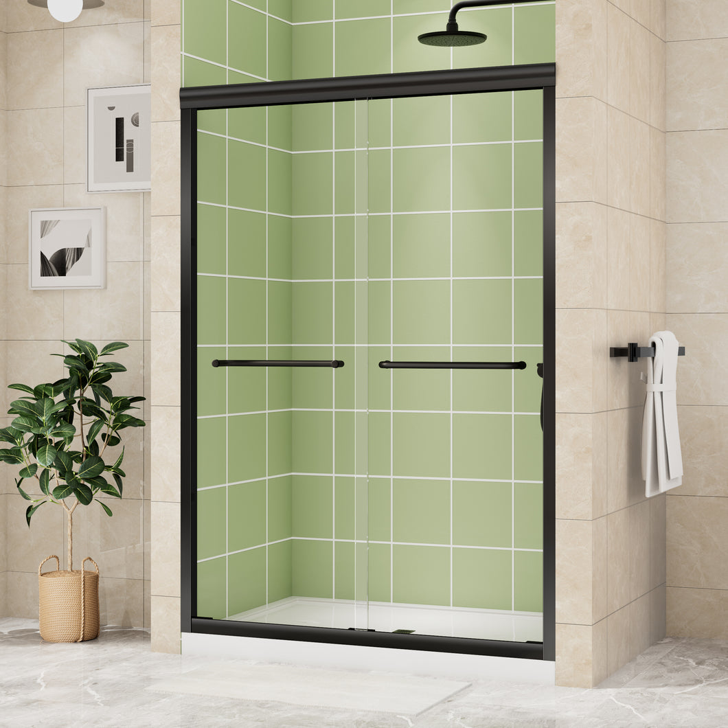 DELAVIN Semi-Frameless Double Sliding Shower Door, Semi-Frameless Shower Glass Door with Towel Bar, SGCC Clear Tempered Bypass Glass Shower Door with Explosion-Proof Film