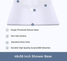 Load image into Gallery viewer, DELAVIN 48 x 36 inch Single Threshold Shower Base, Rectangle Acrylic Shower Pan in Glossy White, Slip Resistant, Center Drain Location
