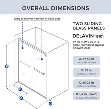 Load image into Gallery viewer, DELAVIN 57-59 in Width x 75 in Height Semi-Frameless Shower Door, Double Sliding Shower Glass Door with Explosion-Proof Film
