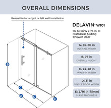 Load image into Gallery viewer, DELAVIN 56-60 Inch Width x 75 Inch Height Frameless Shower Door, Bathroom Sliding Glass Shower door with Explosion-Proof Film
