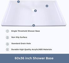 Load image into Gallery viewer, DELAVIN 60 x 36 Inch Single Threshold Shower Base, Slip Resistant, Center Drain Location, Rectangle Acrylic Shower Pan in Glossy White
