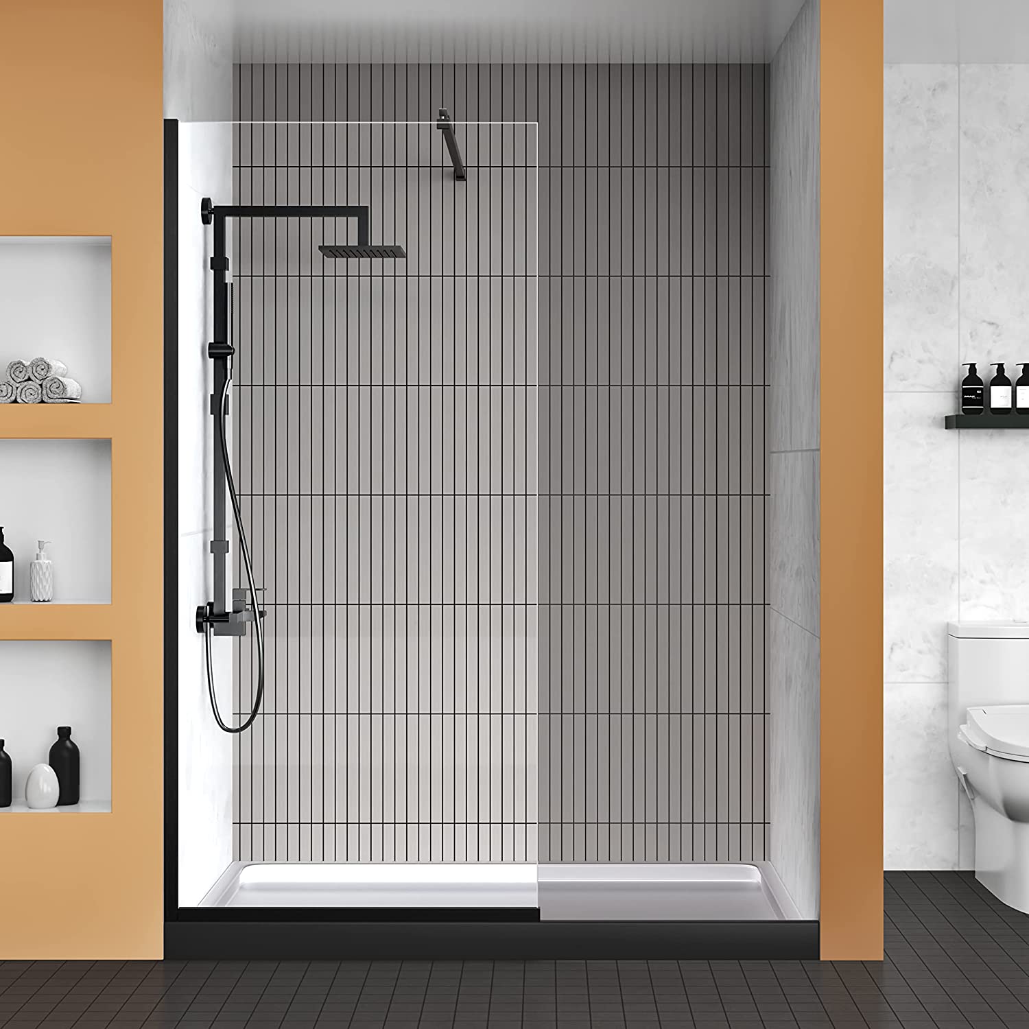 Delavin 34x72 Semi-Framed Glass Shower Wall - Matte Black \u0026 Explosion-Proof, image size:1500x1500