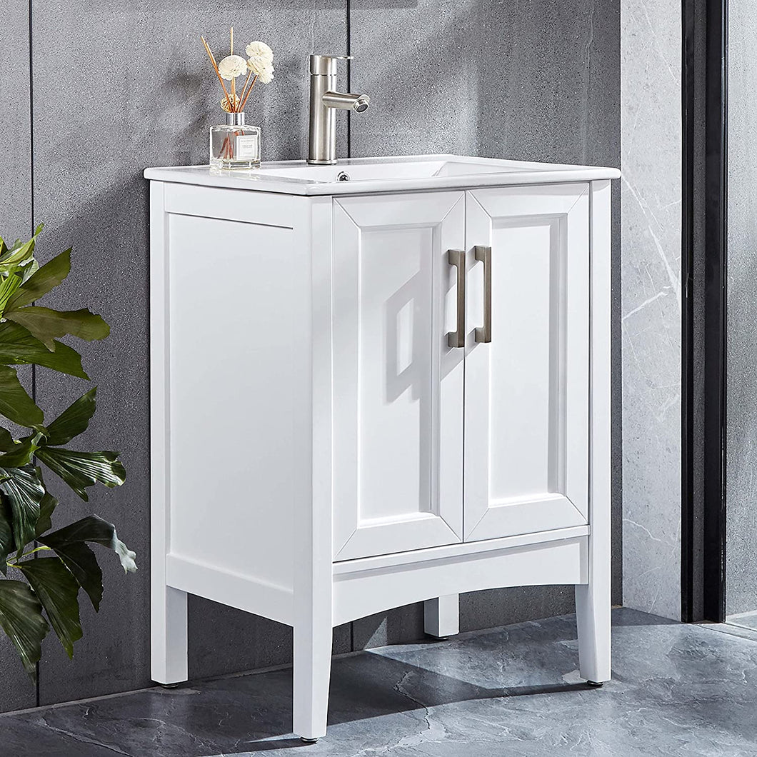 DELAVIN 24 inch Freestanding Wood Bathroom Vanity and Sink Combo with White Rectangle Ceramic Vessel Sink