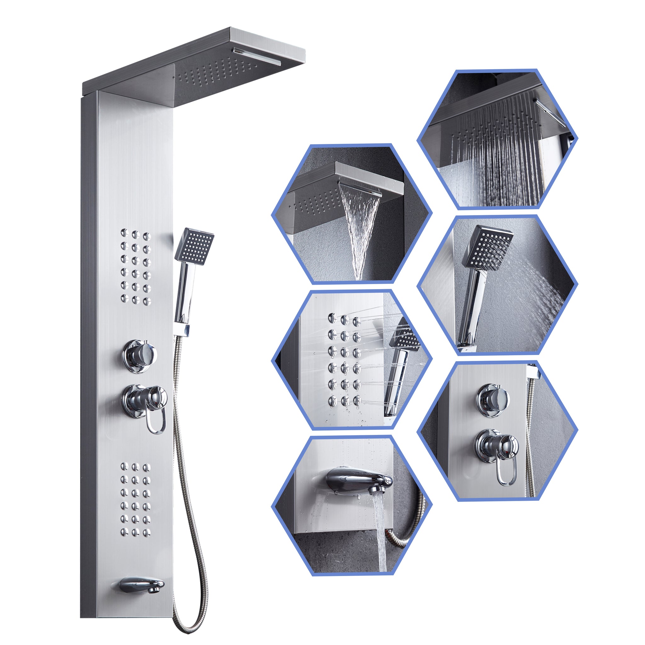 Delavin Stainless Steel Shower Panel Tower System, Wall-Mount Complete